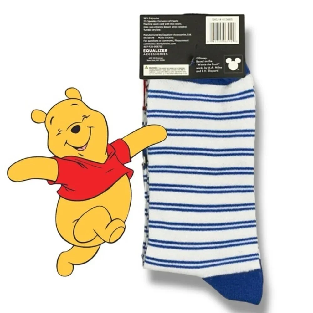 Winnie Pooh Crew Socks Disney Novelty Stripe Blue White Adult Unisex Mens 9-13